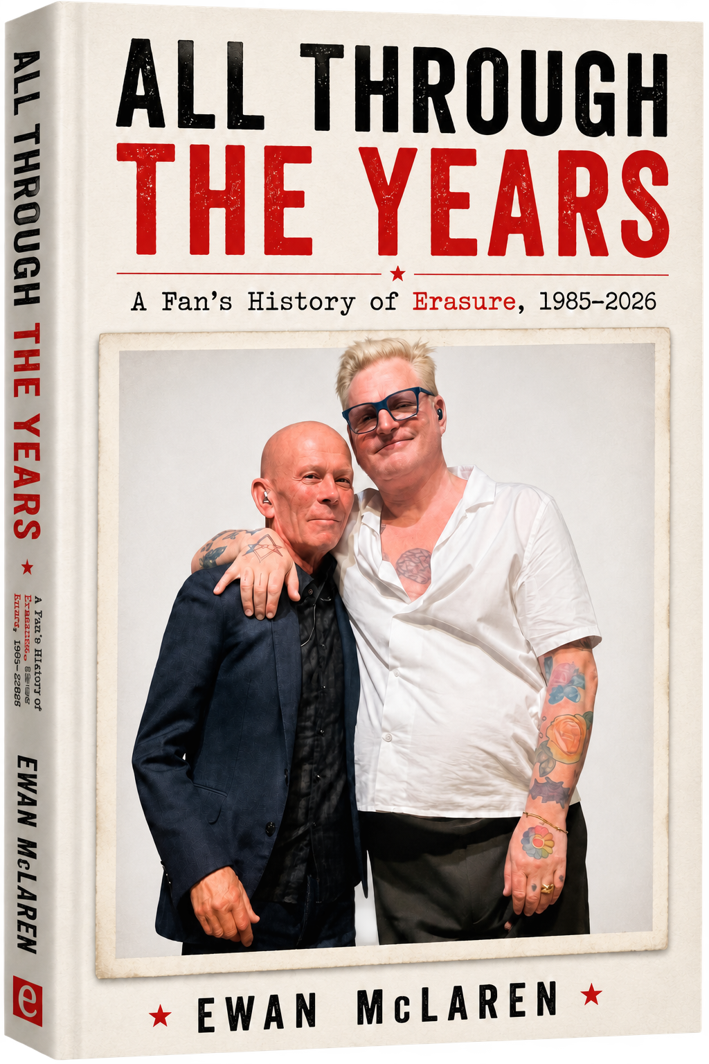 All Through the Years: A Fan's History of Erasure, 1985–2026, by Ewan McLaren — book cover showing Vince Clarke and Andy Bell